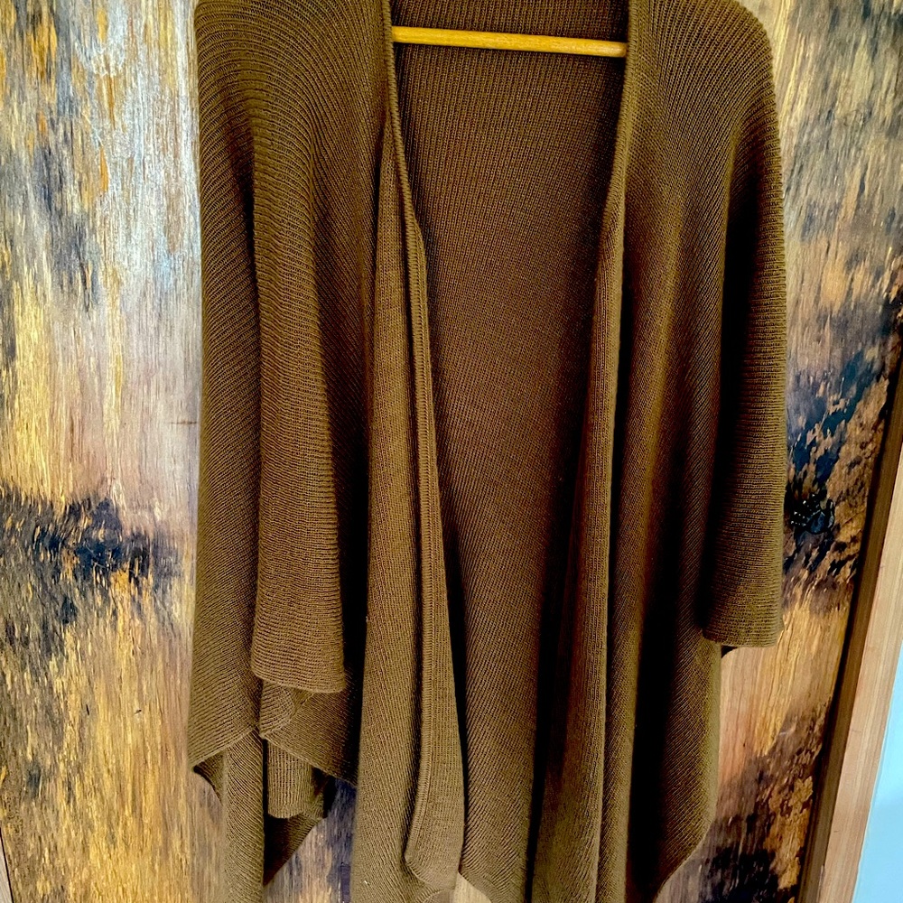 Shawl sweater. Worn twice. Nice burnished brown. The Winding Road. Peru.